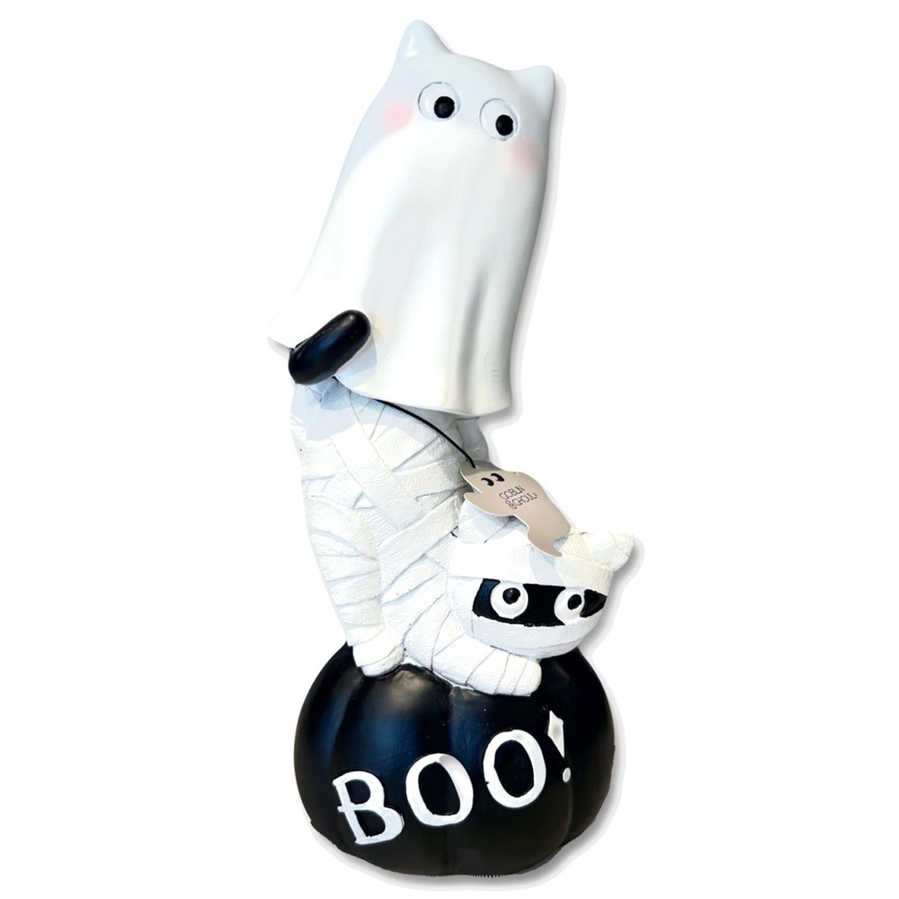 14” Ghost & Mummy Cat Stacked BOO! • Halloween Tabletop Decor Statue